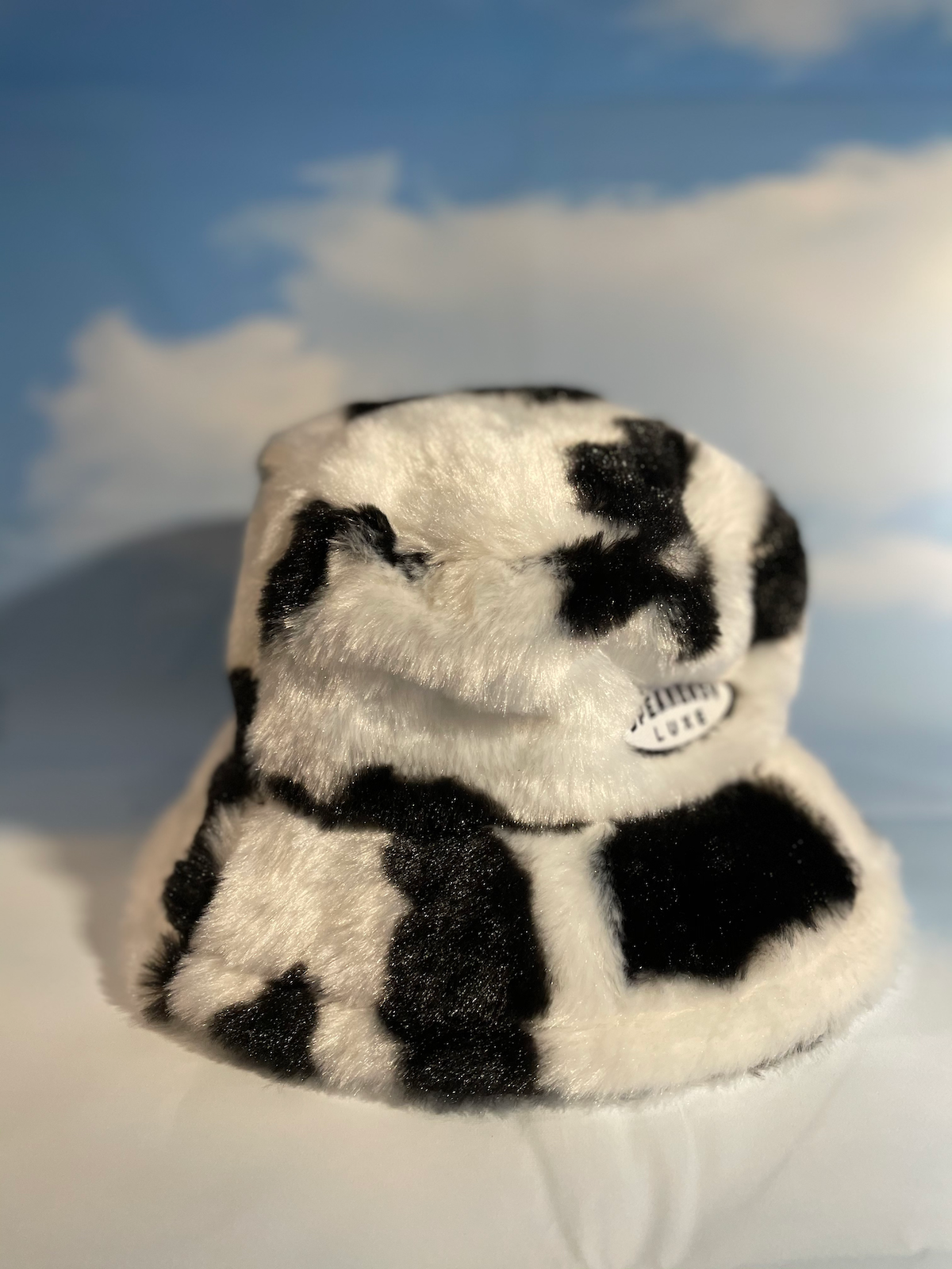 Fuzzy Bucket Hat + Waistbag Set - Black & White Cow Print