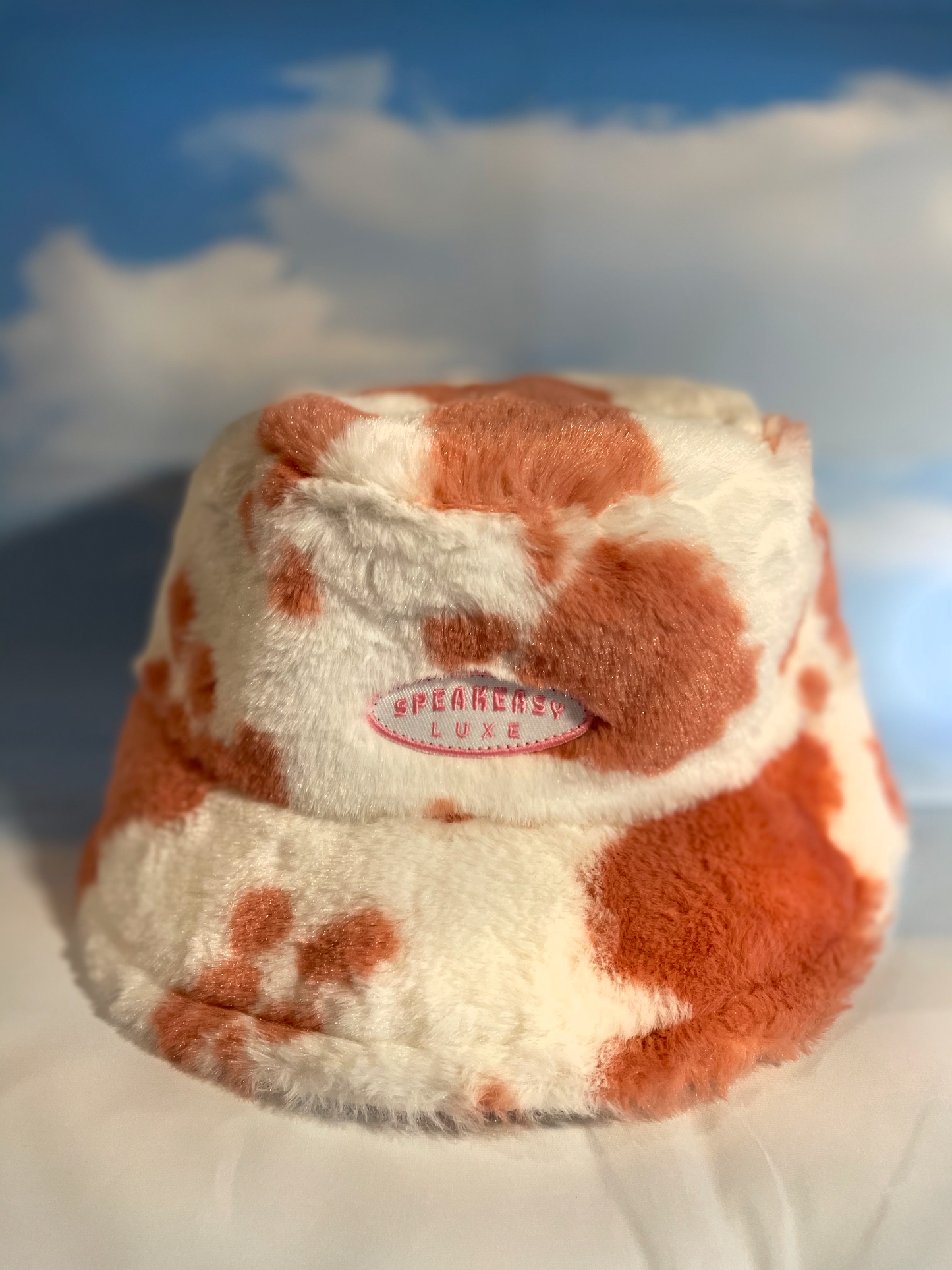 Faux Fur Fuzzy Bucket Hat - Pink Cow Print