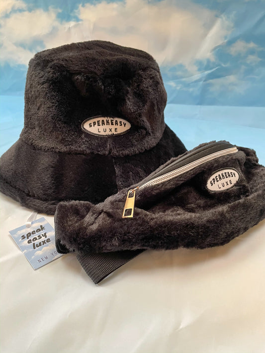 Fuzzy Bucket Hat + Waistbag Set - Black Faux Fur