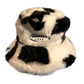 Faux Fur Fuzzy Bucket Hat - Black Cow Print