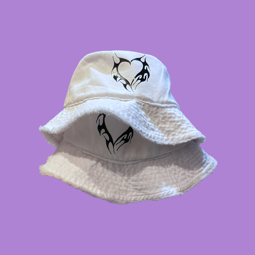 KAYBOP X SPEAKEASY - Flaming Heart White Denim Bucket Hat