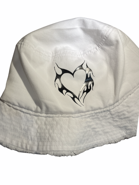 KAYBOP X SPEAKEASY - Flaming Heart White Denim Bucket Hat